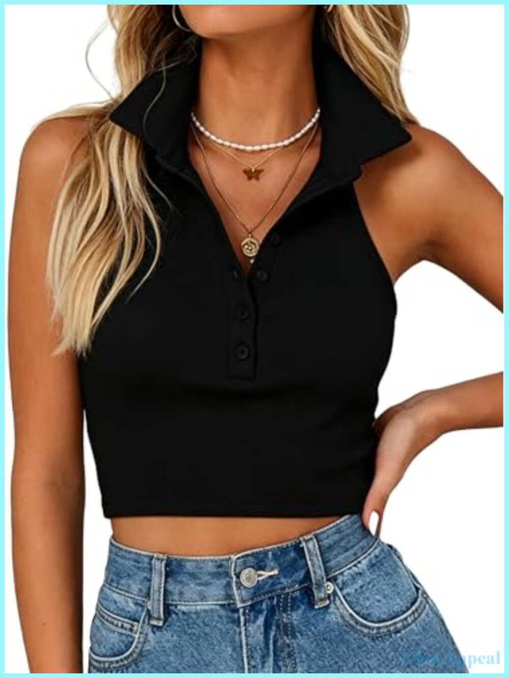 Halter Crop Top Backless Sleeveless Ribbed Knit Tank Polo Collar Button Front
